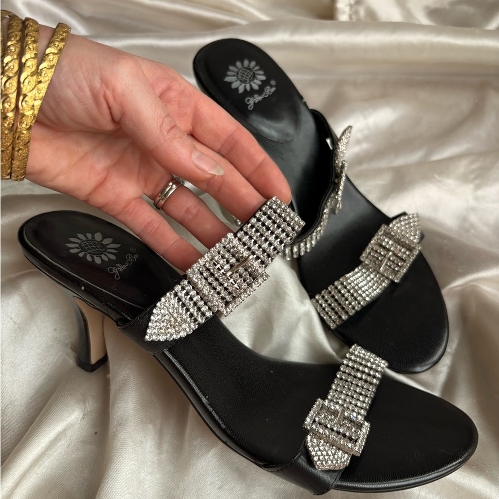 Y2k Black Leather Strappy Heels with Silver Rhinestones + Buckle Detail
